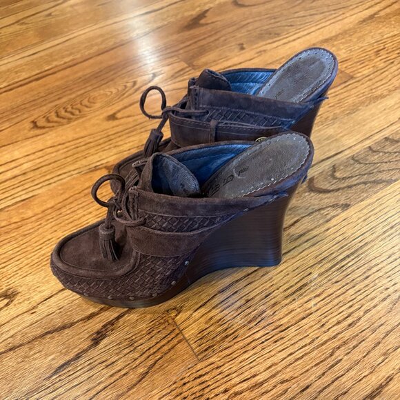 L.A.M.B • 8 • Brown Suede Wooden Platform Wedge Mules Closed Toe Clogs - Picture 3 of 4